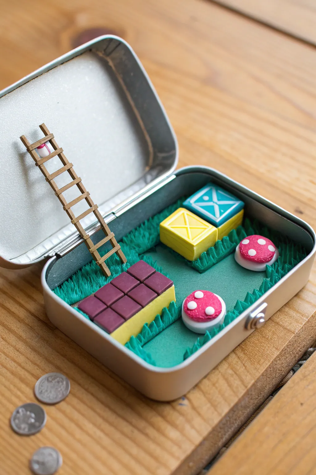Tiny pixel-platformer clay diorama in a tin, bright colors, minimalist boho vibes.