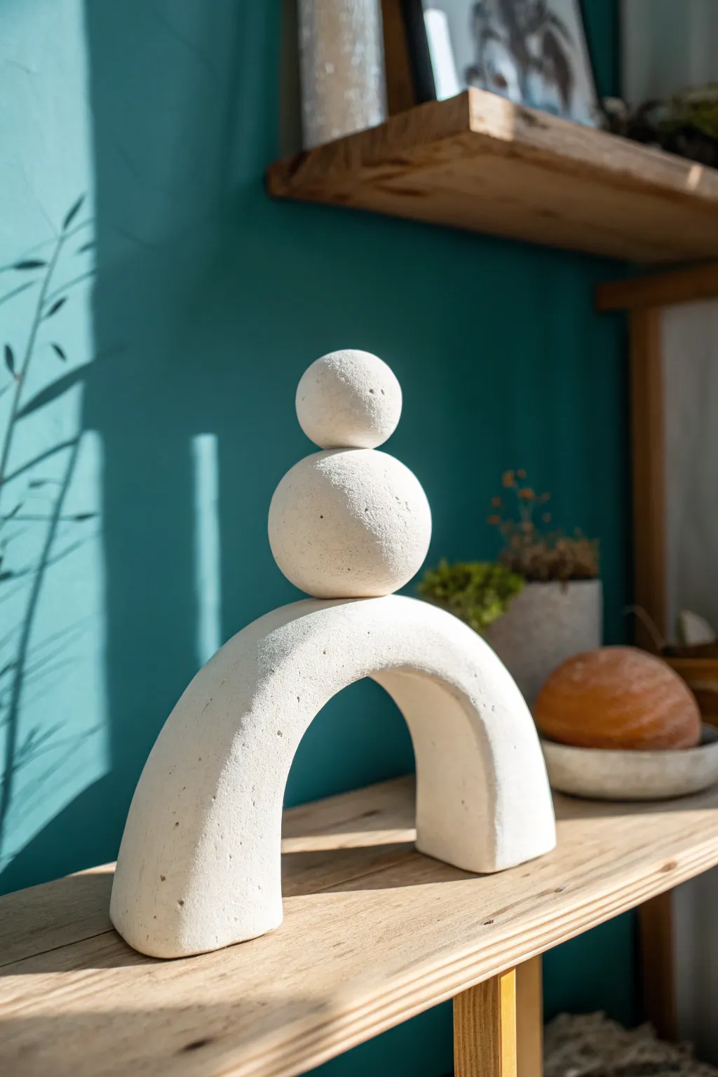 Modern white clay abstract stack sculpture with bold backdrop, minimalist and boho shelf style.
