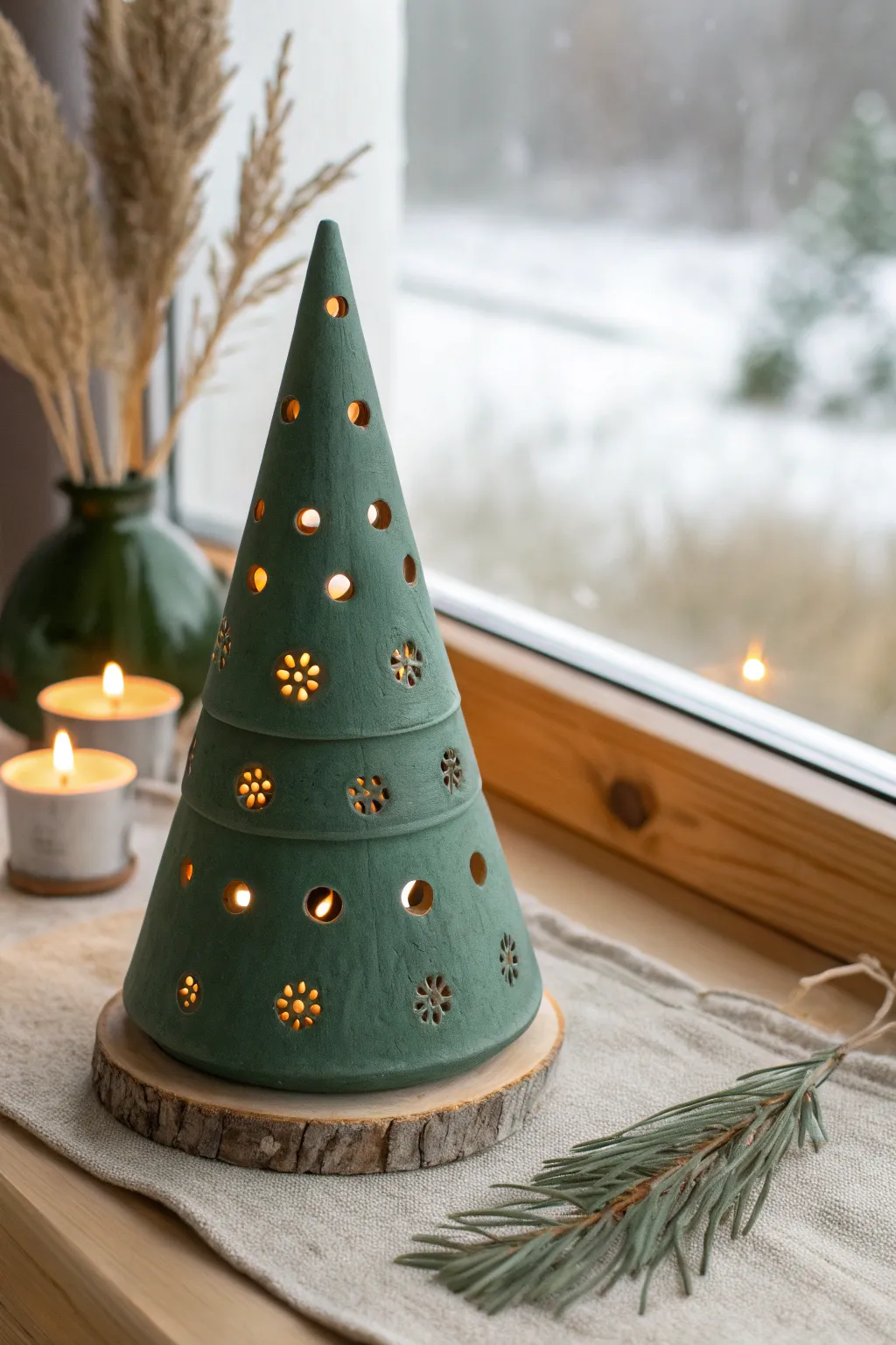 Mini clay Christmas tree lantern glowing warmly, minimalist Nordic mantle decor for cozy holidays