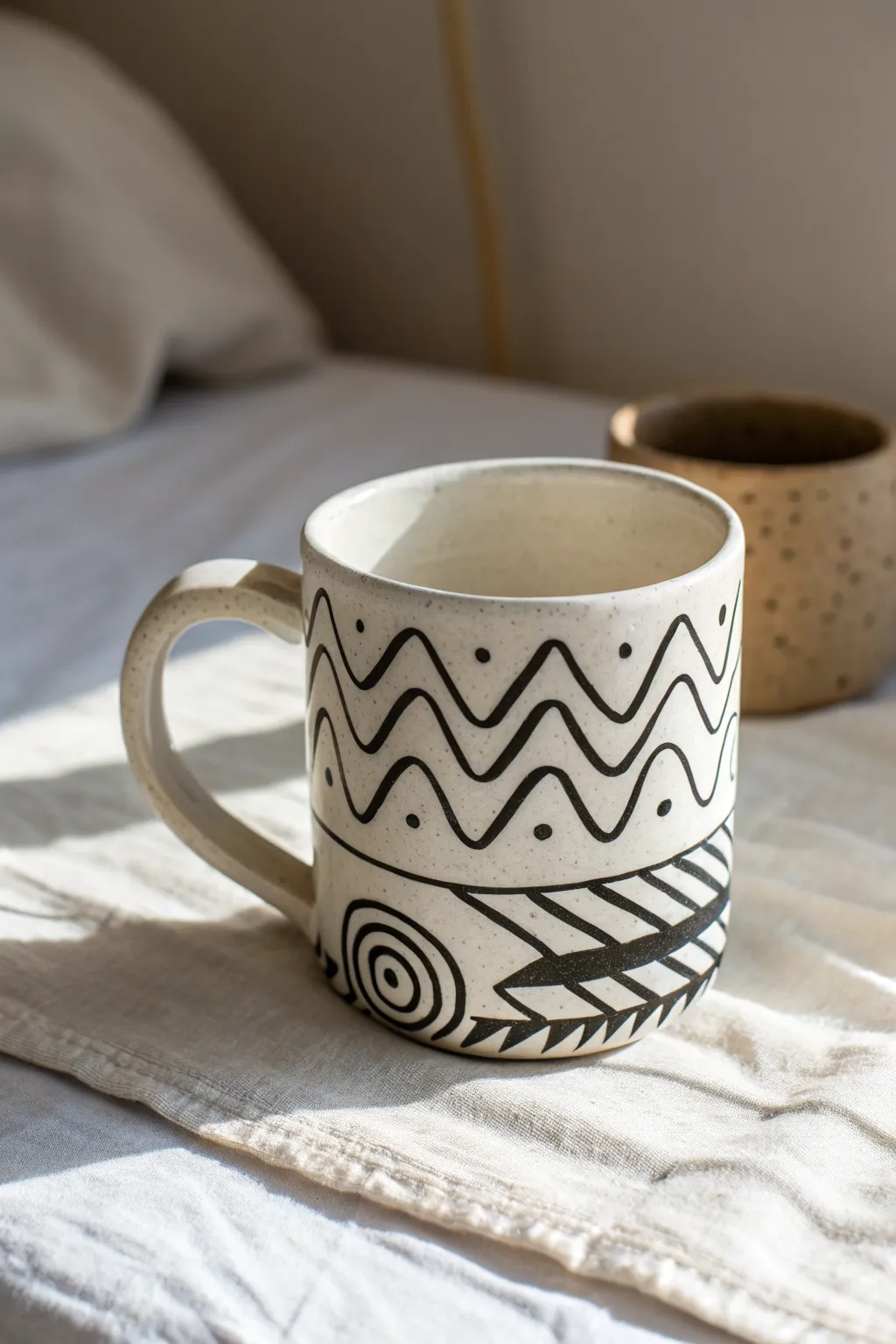 Playful black linework on a white handmade mug, high-contrast and minimal with a soft boho touch.