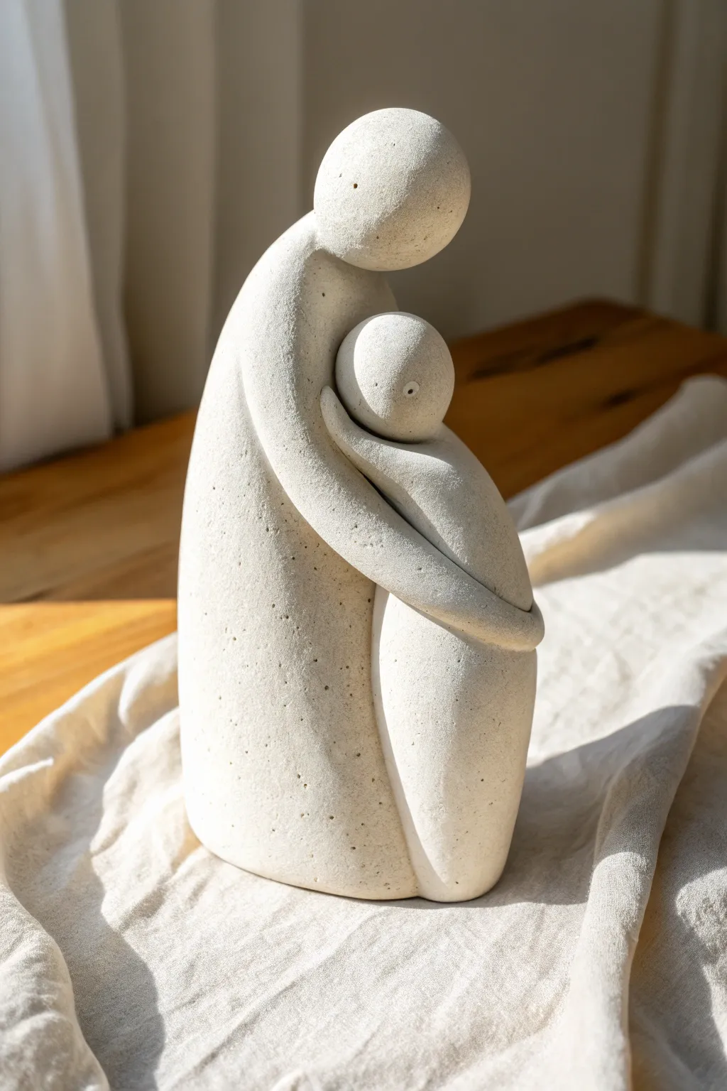 Minimal abstract parent-and-child clay embrace, monochrome form with soft shadows and calm warmth