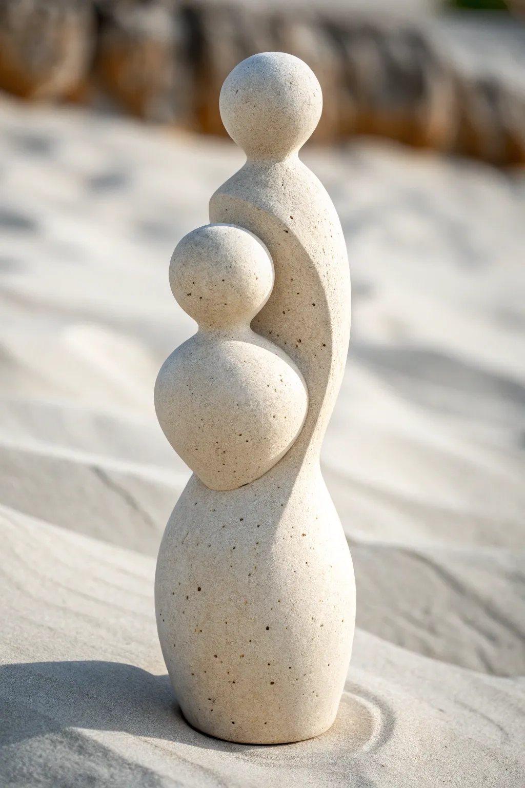 Stacked minimalist family silhouette in matte clay, soft curves and calm Scandinavian warmth