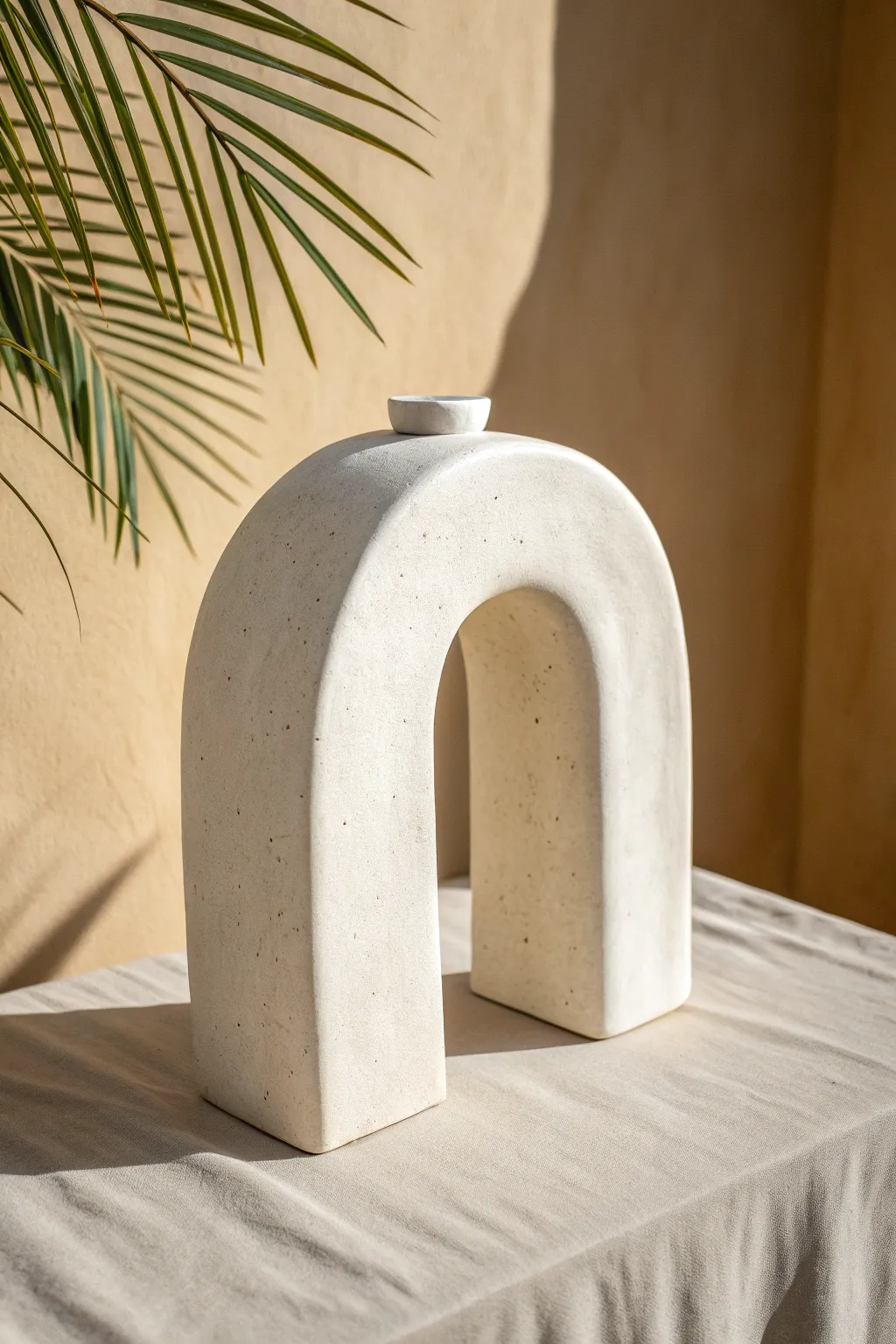 Minimal clay arch sculpture with bold negative space and soft shadows for calm modern decor.