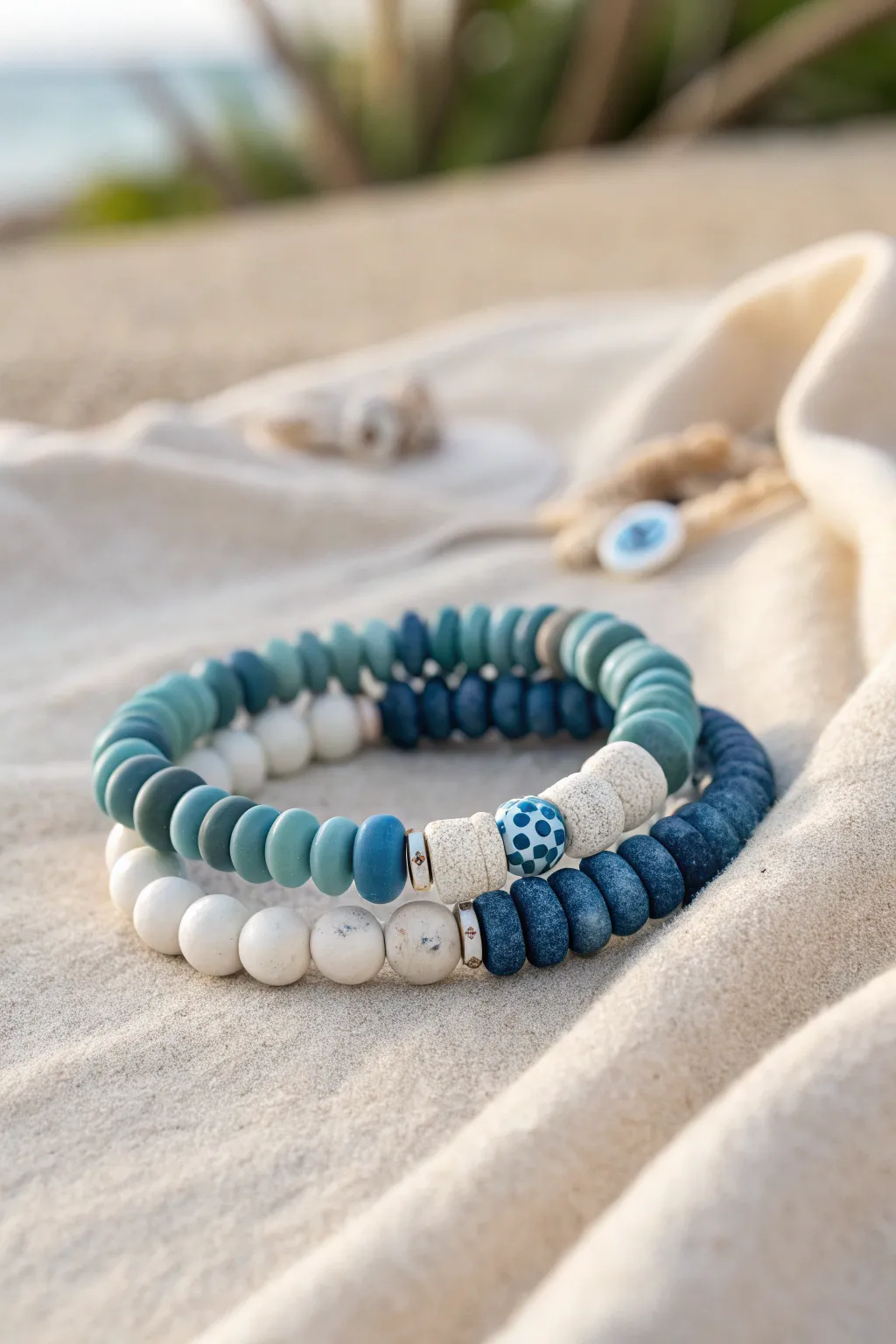Coastal blues and whites: a simple clay disc bead bracelet stack with breezy seaside calm.