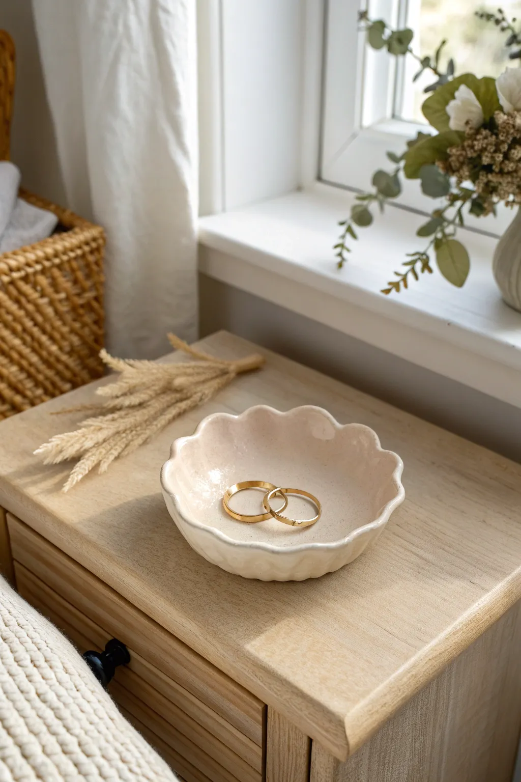 Soft petal ring dish in blush clay, a calm bedside moment with golden sparkle and cozy neutrals.
