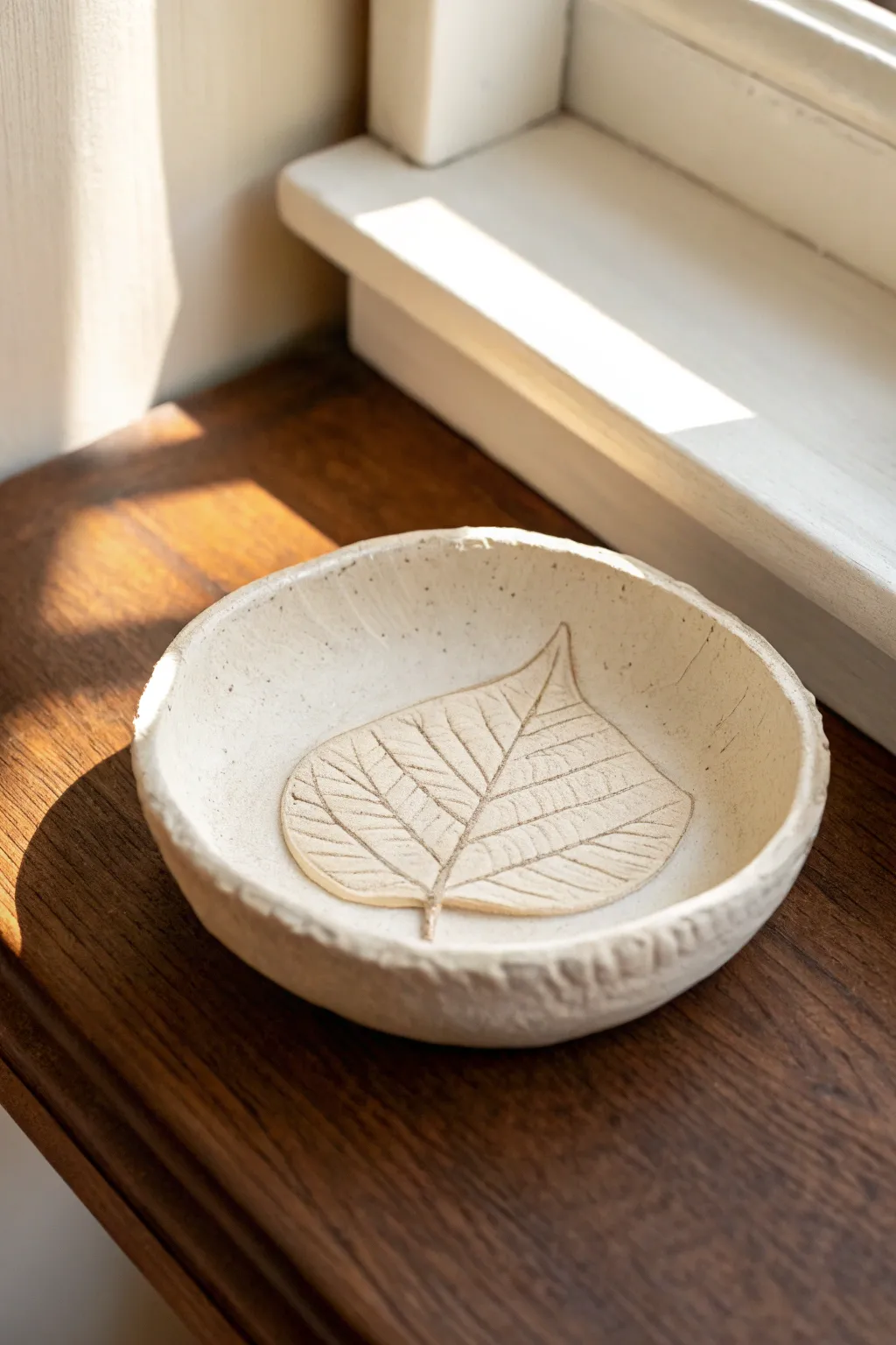 Leaf-imprint ring dish in matte air clay, a minimal handmade catchall for one statement ring.