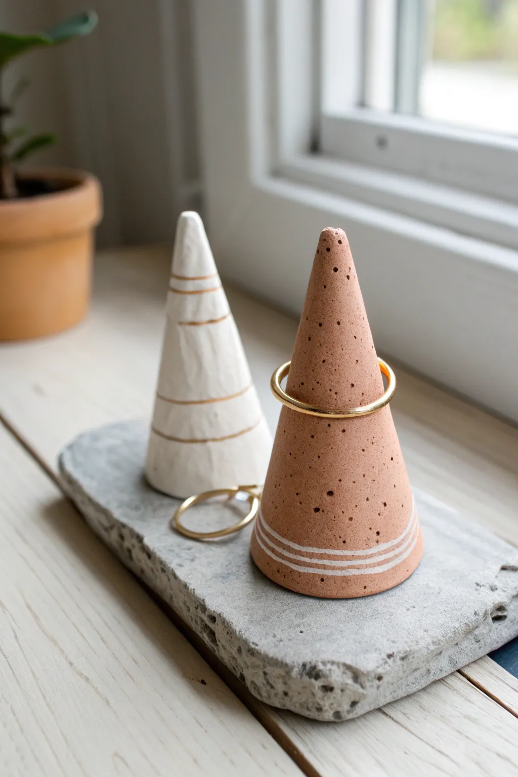 Sweet partner ring holder cones in air clay, minimal, modern, and made to match