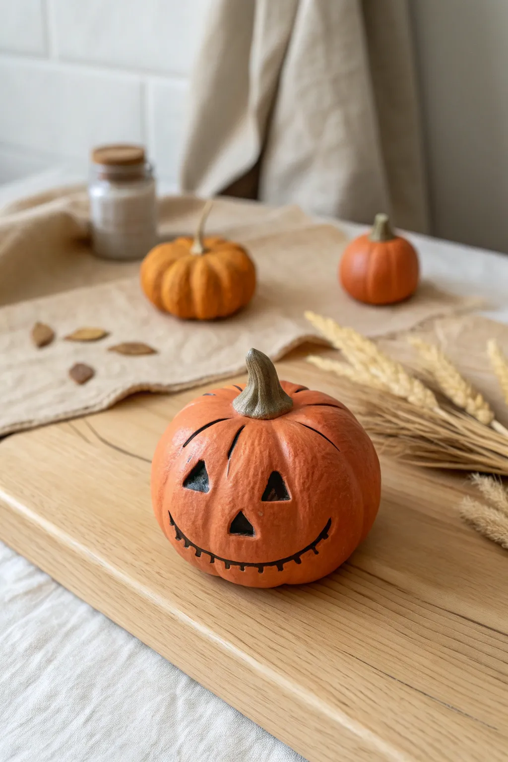 Palm-sized air-dry clay jack-o-lantern pumpkins in warm orange, minimal and cozy for Halloween.