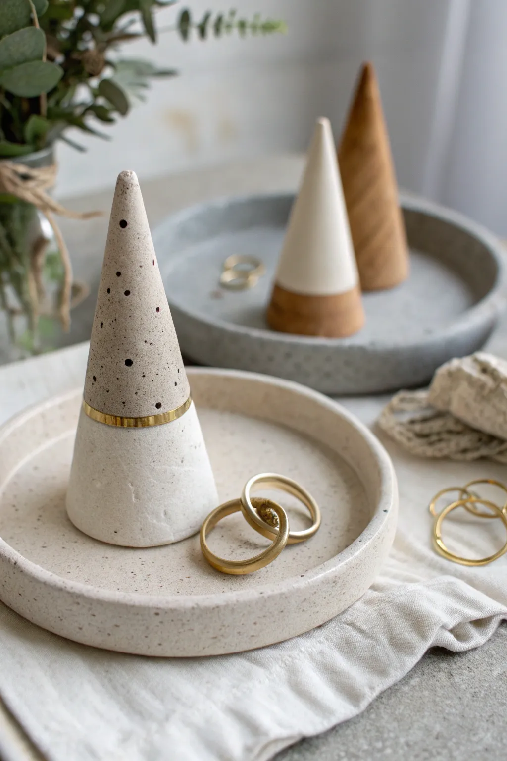 Minimal air clay ring cones in matte neutrals, an easy DIY accent with Scandinavian calm.