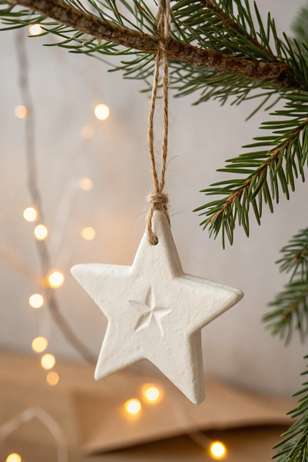 Classic star air-dry clay ornament with twine hanger on evergreen, warm minimal Nordic vibe