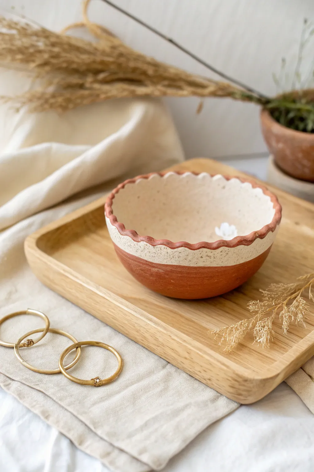 Wavy rim air dry clay jewelry bowl with two-tone finish, styled on a calm vanity tray.