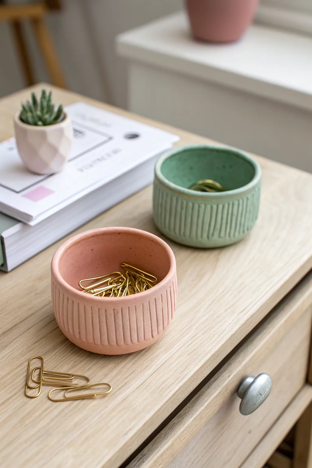 Sweet couple pinch pots for desk treasures, minimal boho styling and soft natural light