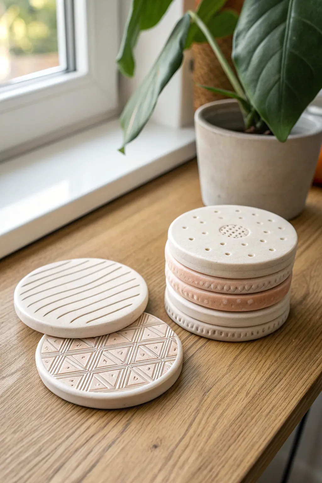 Stamped air-dry clay coasters with matte finish, easy textures, and soft Scandinavian boho style