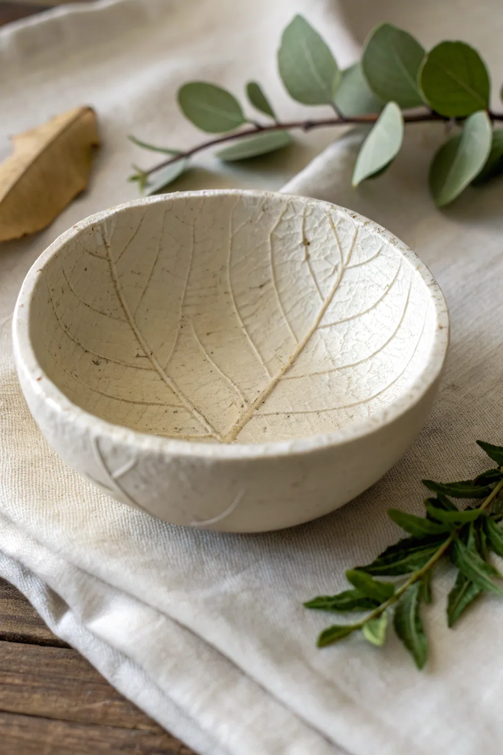 Easy pressed-leaf air dry clay catchall bowl with a matte finish, simple, soft, and naturally chic.