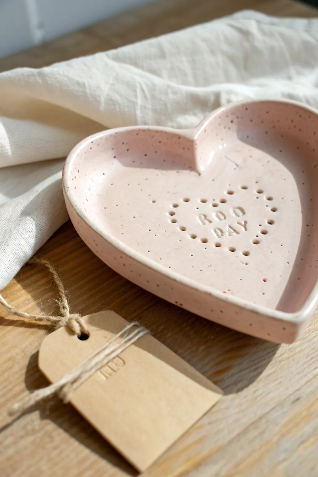 Pastel heart trinket tray with stamped symbols and a simple tag, a sweet air dry clay birthday gift.