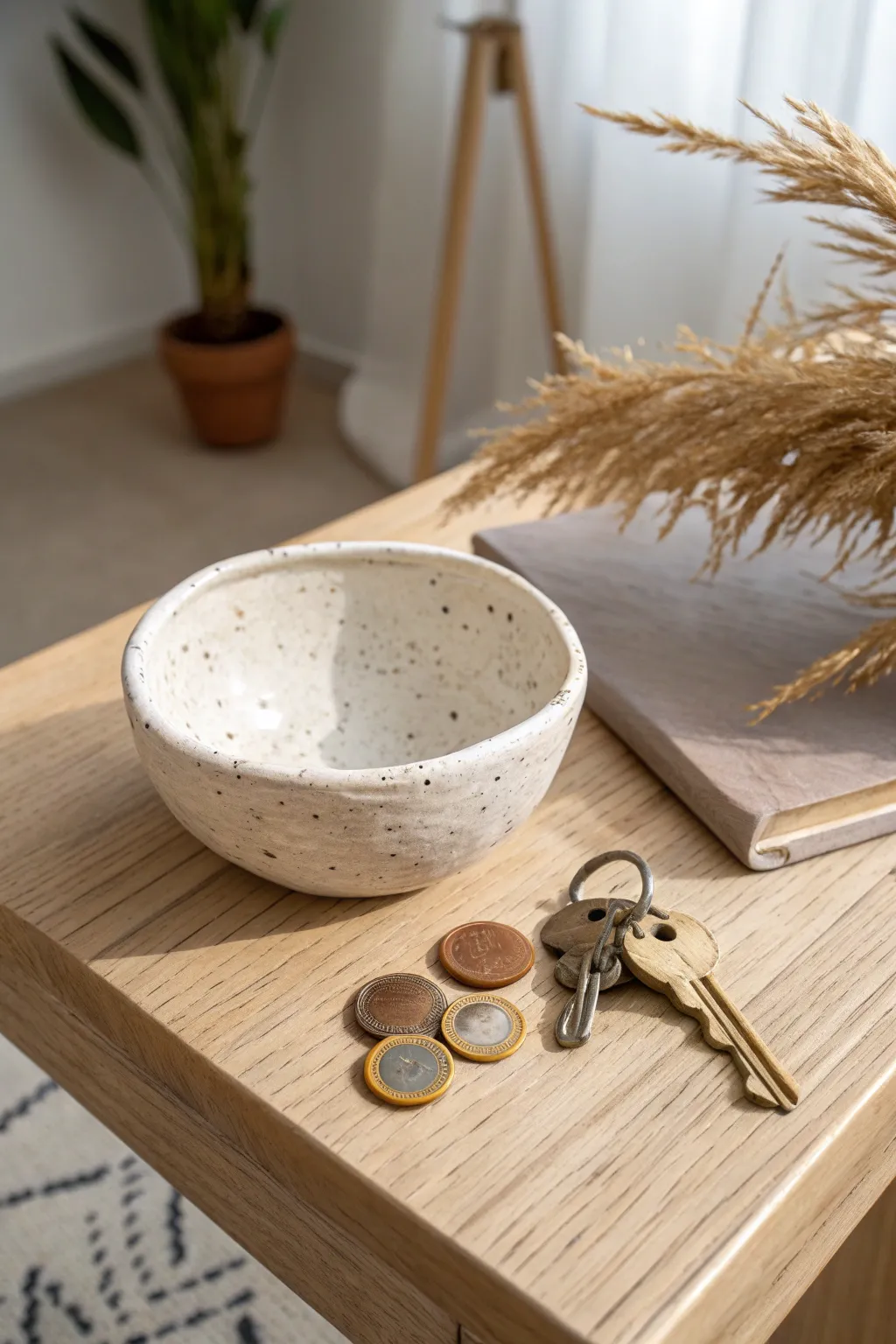 Simple pinch-pot catchall bowl in matte air-dry clay, perfect for keys and coins by the door.