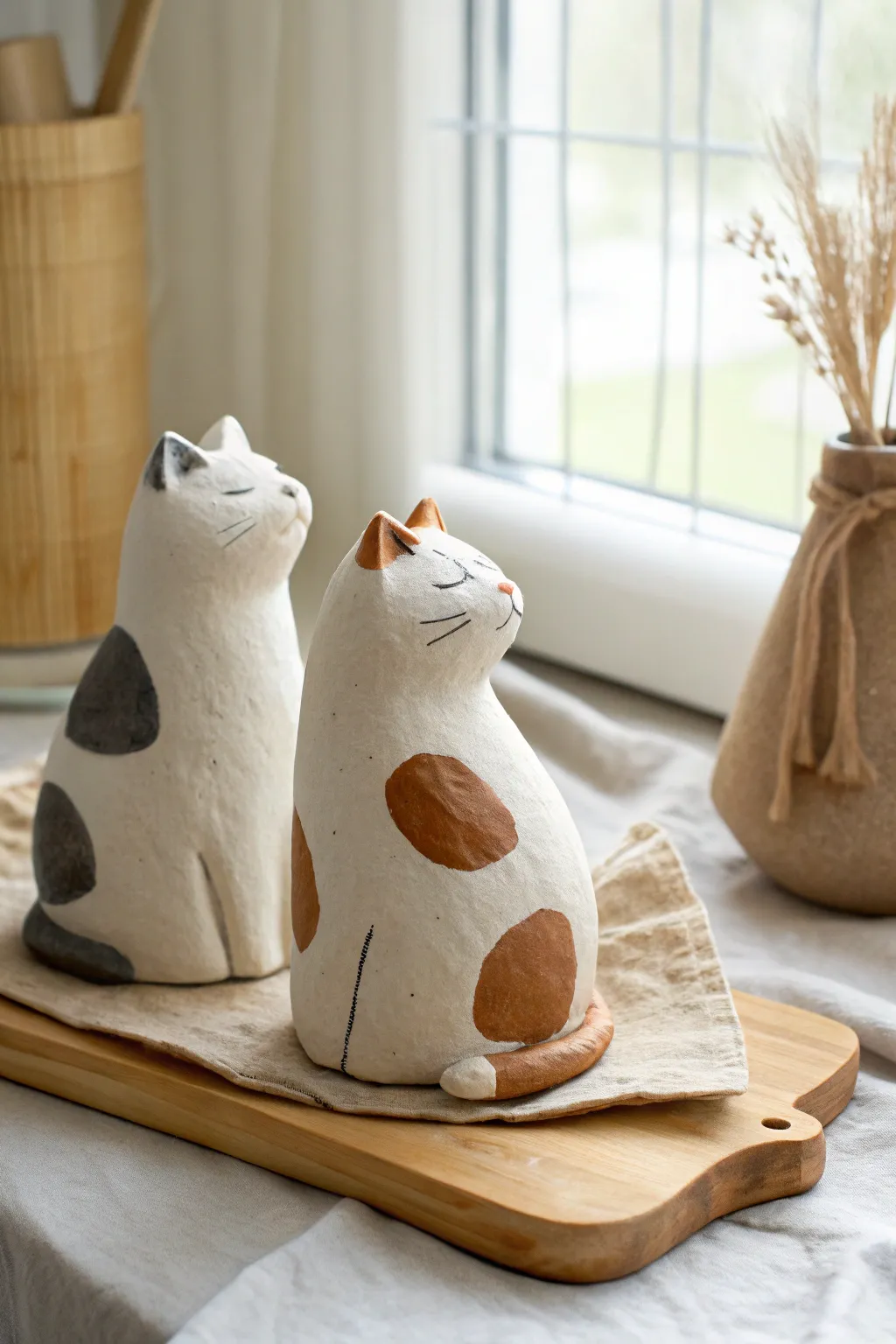Minimalist air dry clay loaf cats, one white and one calico, in soft Scandinavian boho styling