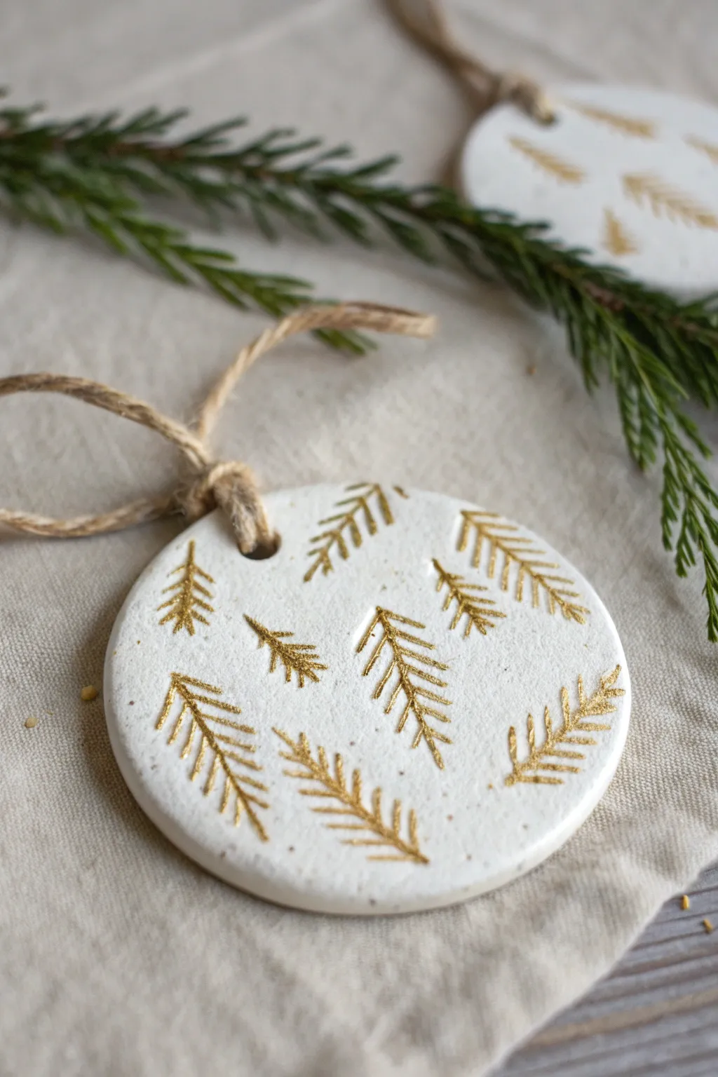 Evergreen-imprint air-dry clay ornament with subtle gold accents, styled on natural linen.