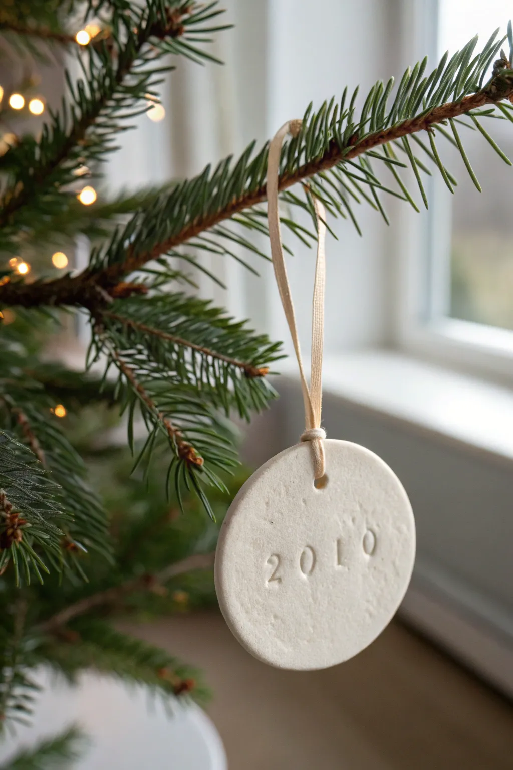 Minimal clay name-style ornament with matte wash and linen ribbon, glowing lights behind