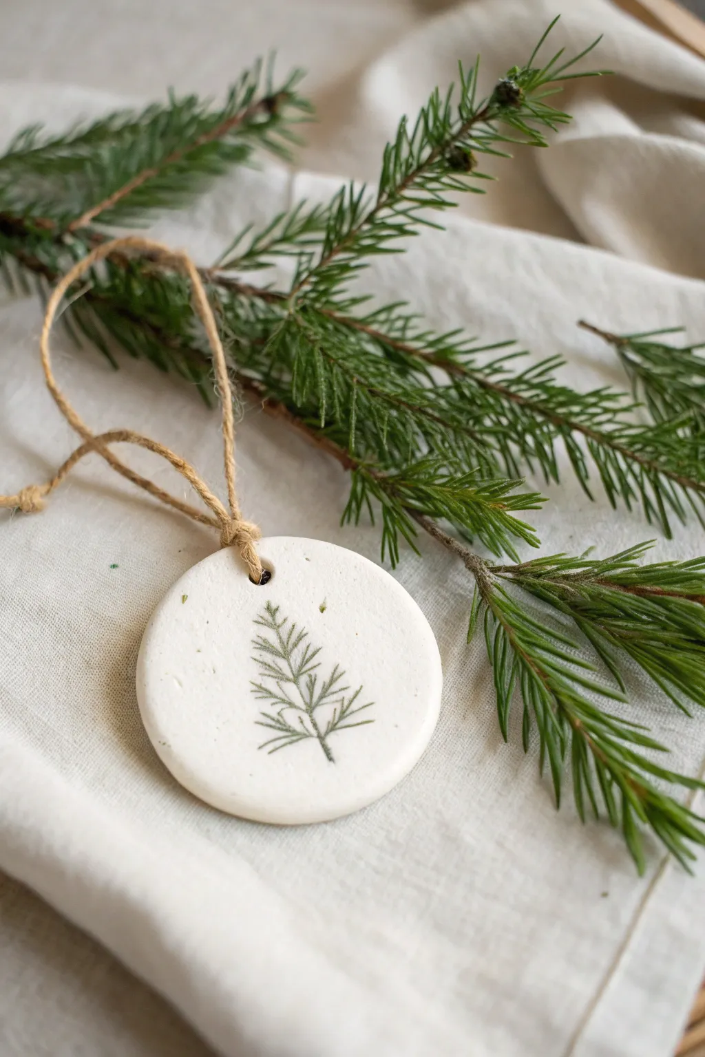 Evergreen imprint air dry clay ornament in matte white, simple, cozy, and perfectly Nordic-boho