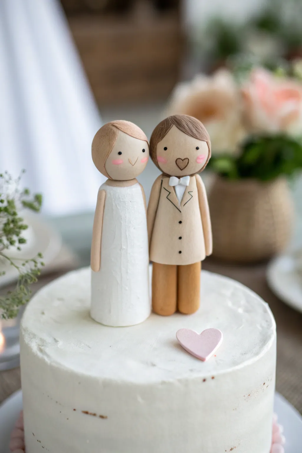 Minimal air-dry clay couple cake topper with tiny heart for weddings and anniversaries.