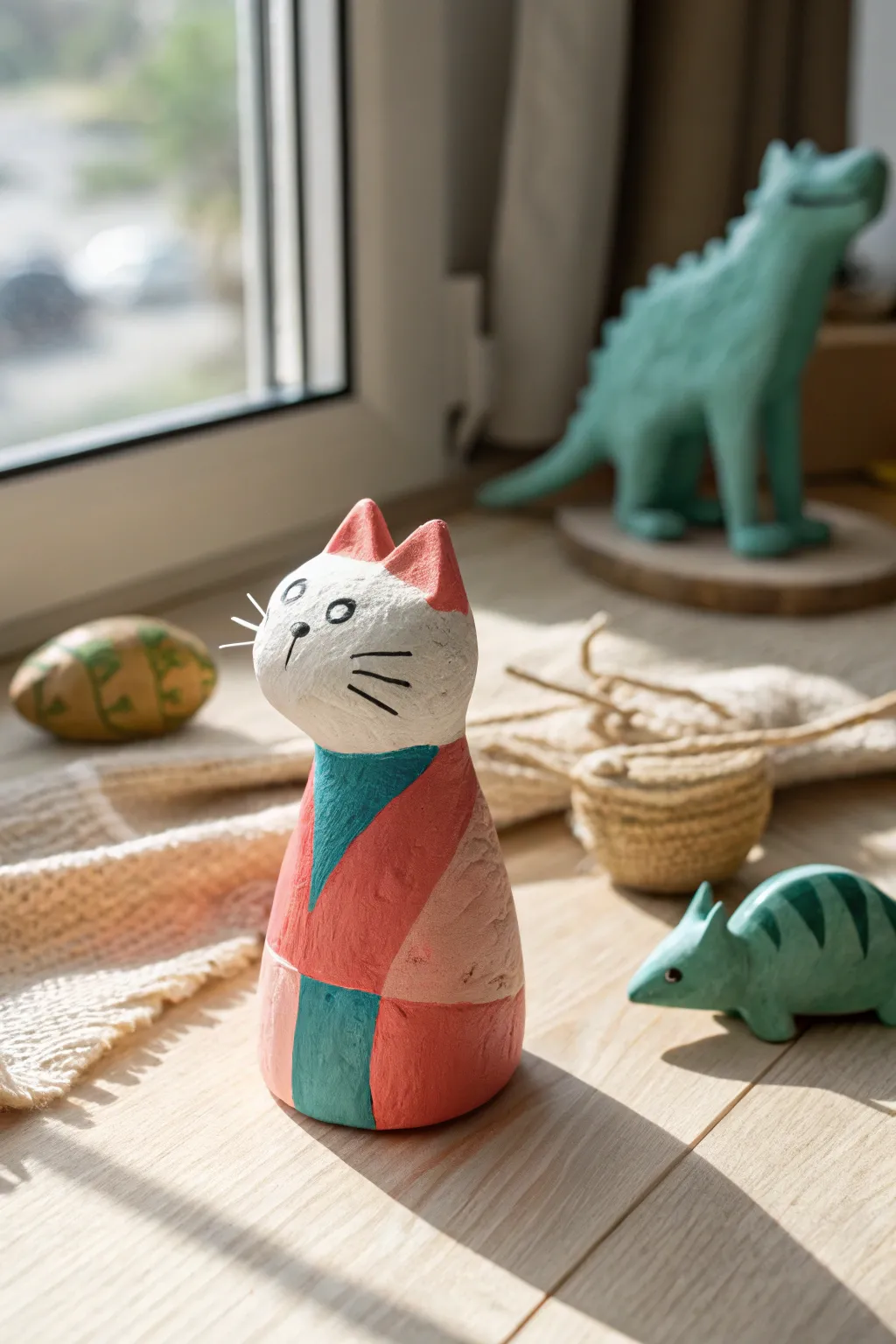 Sweet air dry clay mini cat with bold color blocks, an easy cute craft idea for kids