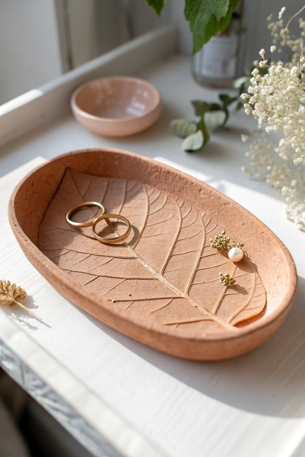 Leaf-imprinted air dry clay trinket tray in a matte earthy tone, styled with simple jewelry.