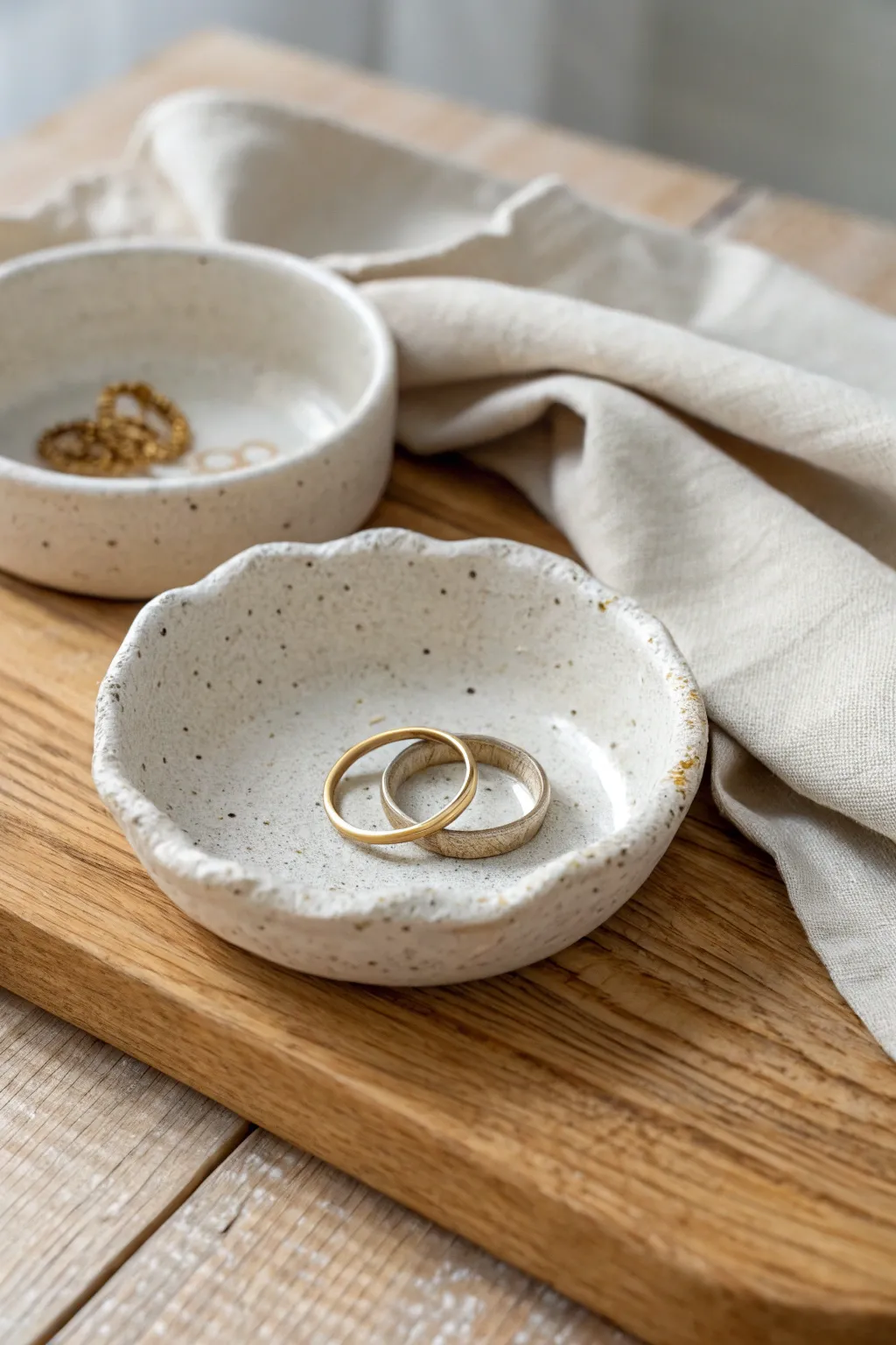 Soft pinch-pot ring dish in matte clay with a statement ring, cozy minimalist boho styling.