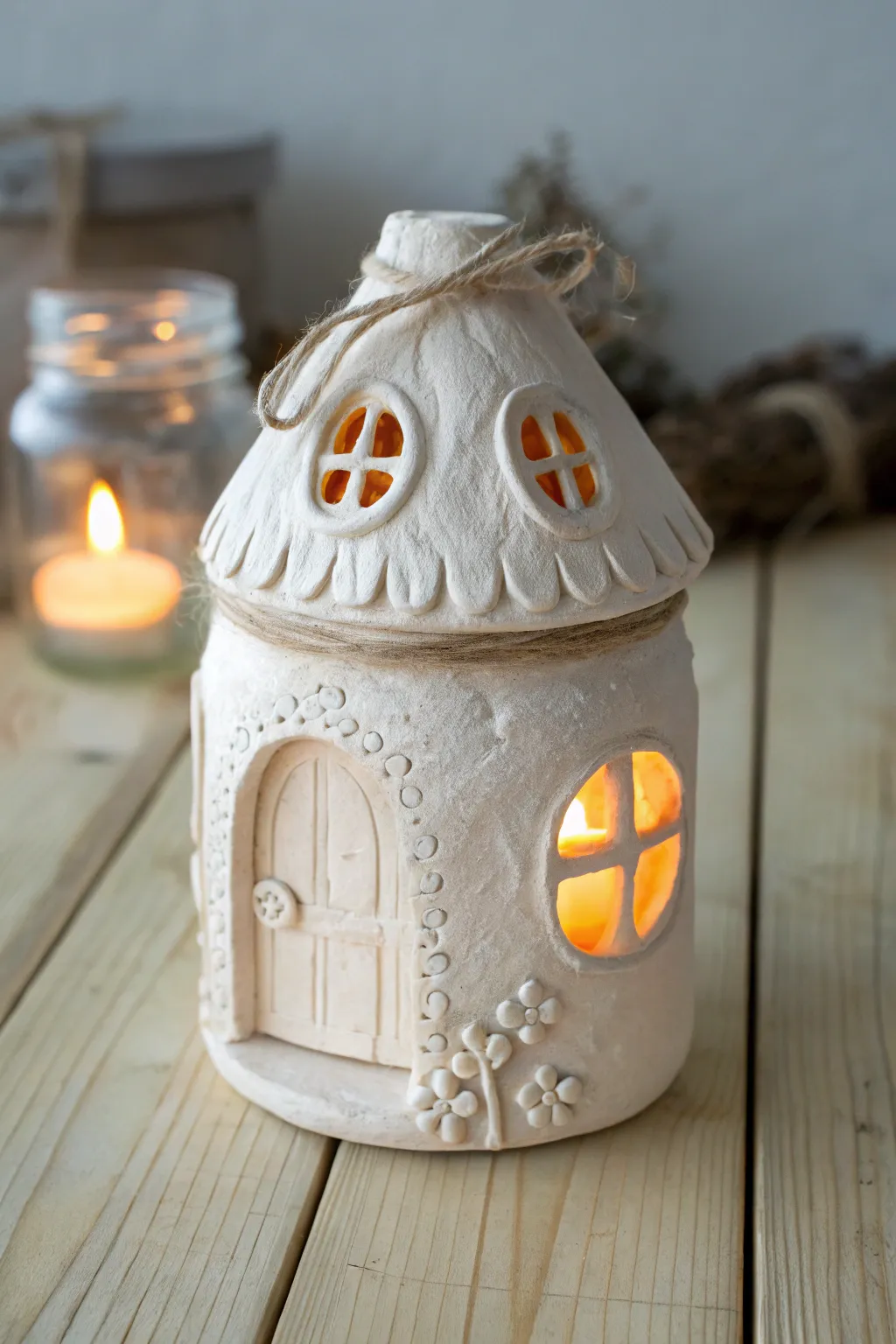 Cozy glass jar fairy house lantern in air dry clay, glowing softly in minimalist boho style