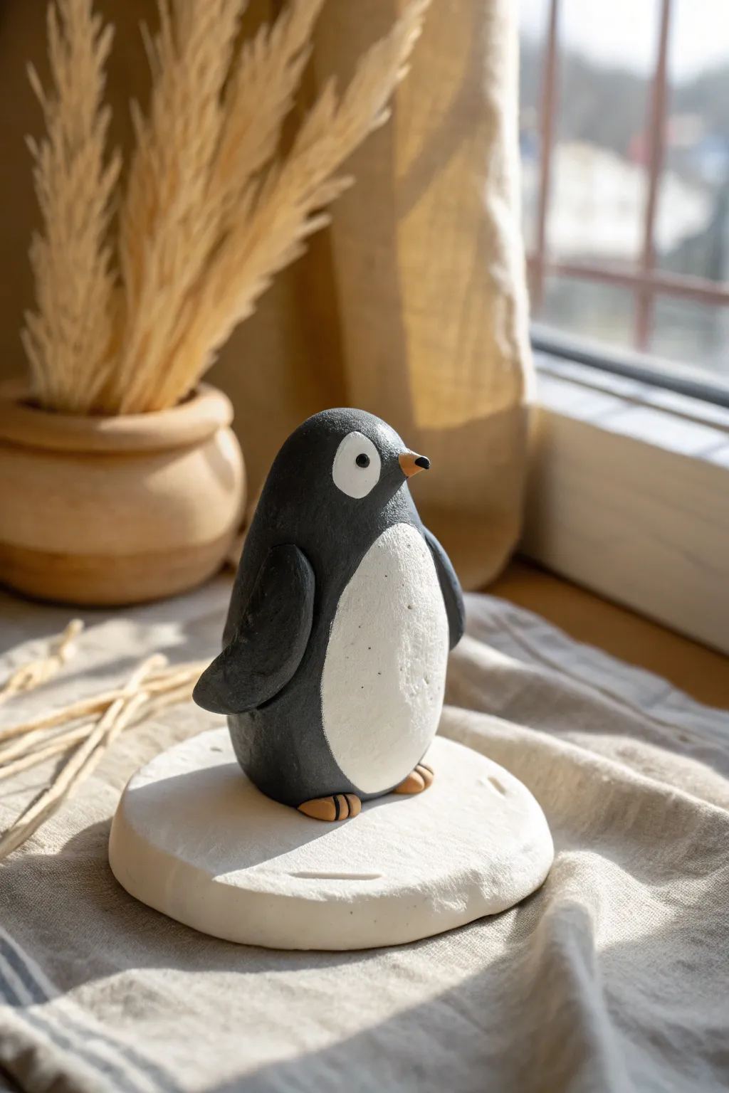 Chubby penguin buddy made from air dry clay, matte finish and cozy minimalist charm