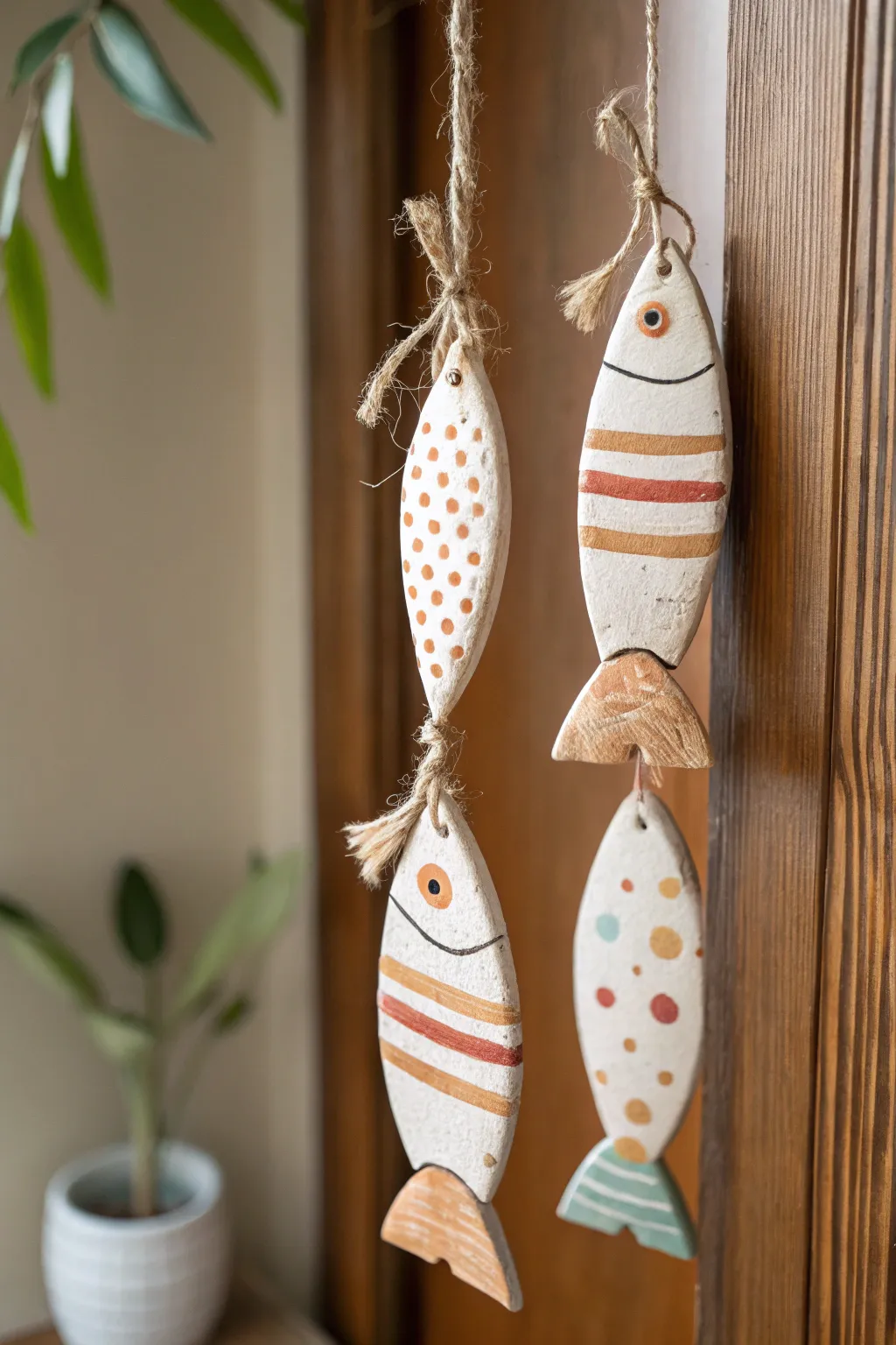 Simple air dry clay fish garland with stripes and dots for a light, beachy wall accent.