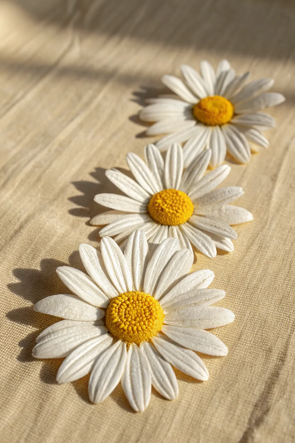 Cheerful air dry clay daisies in a clean row, bright centers and soft white petals on linen.
