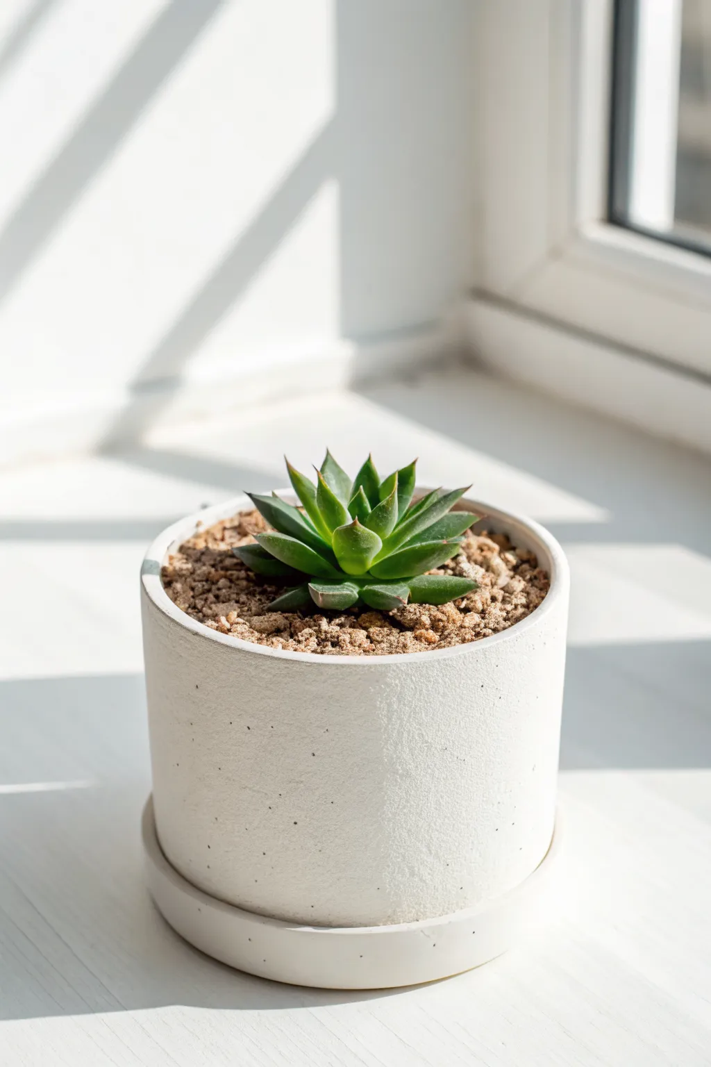 Minimal matte white air dry clay cylinder pot with a tiny succulent, bright and serene
