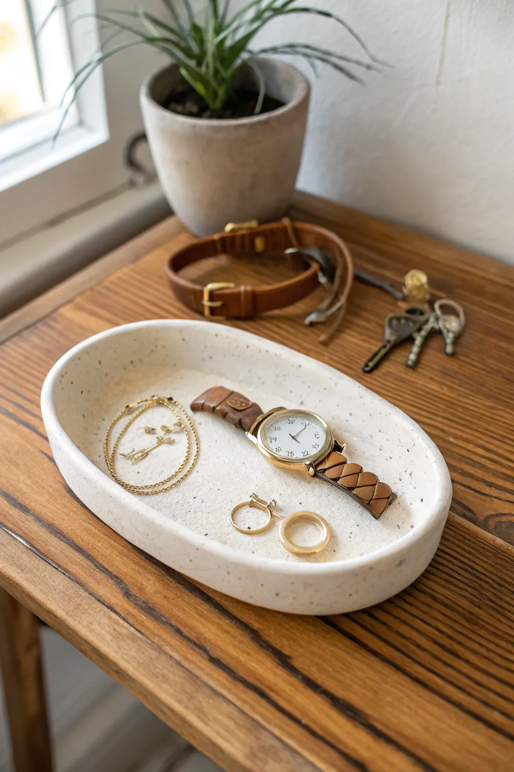 Minimal air-dry clay catch-all tray to keep jewelry, watch, and keys beautifully together.