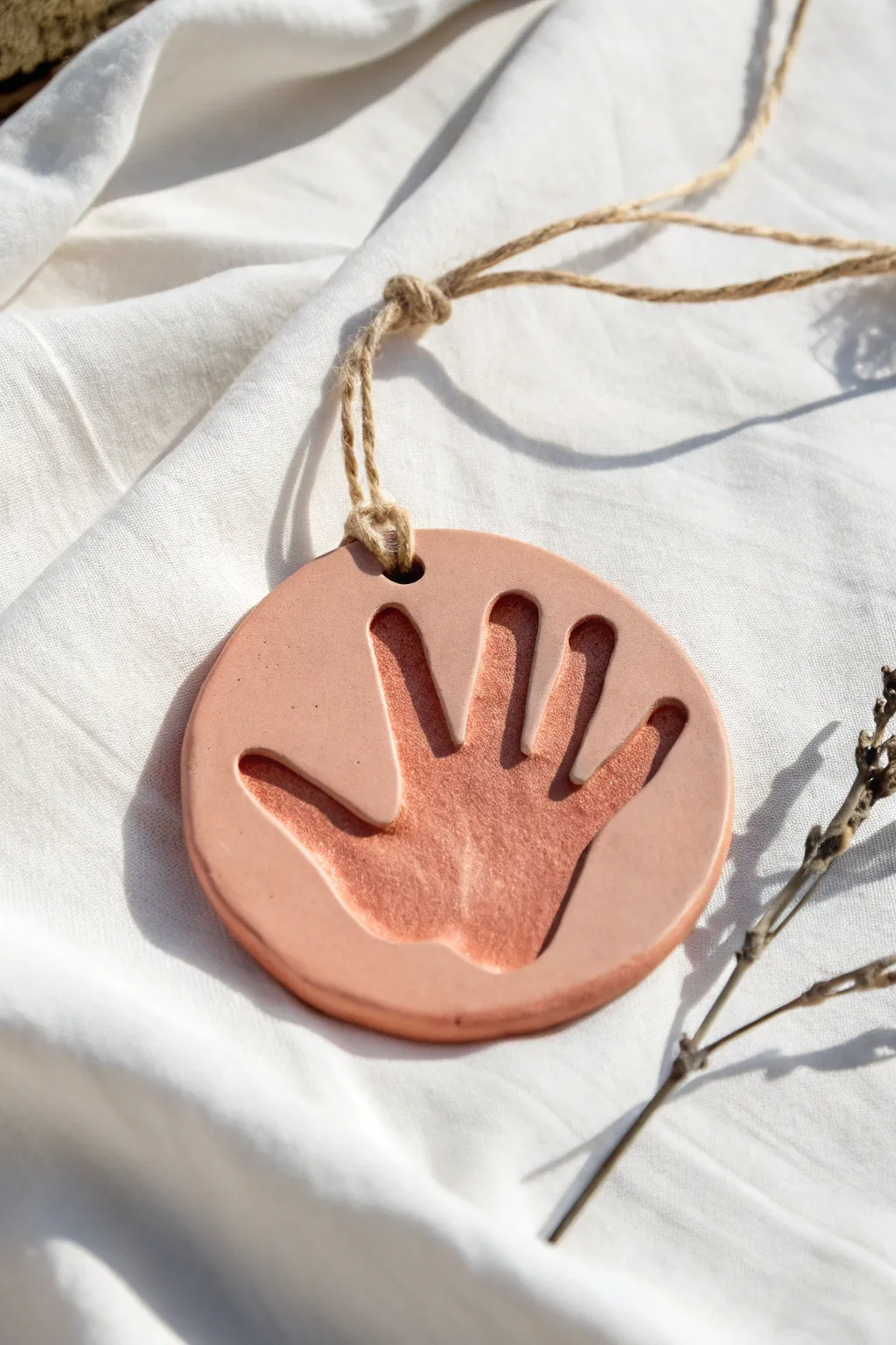 Minimal handprint silhouette ornament in solid color with twine loop, Scandinavian boho charm.
