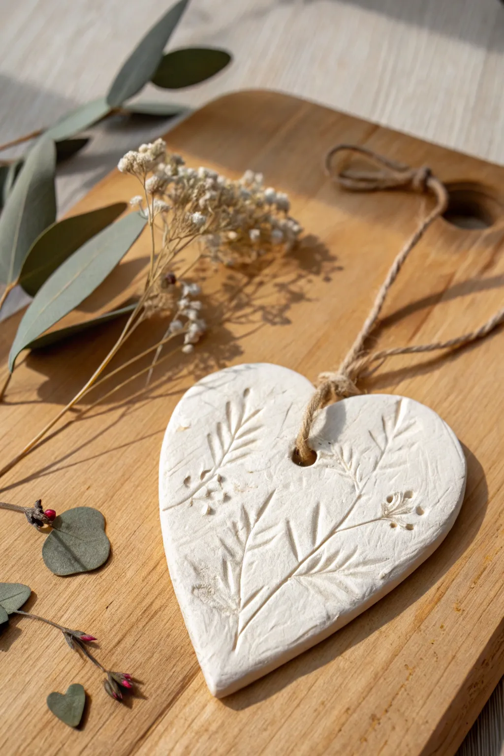 Minimalist air dry clay heart with botanical imprints, styled with dried flowers on oak.