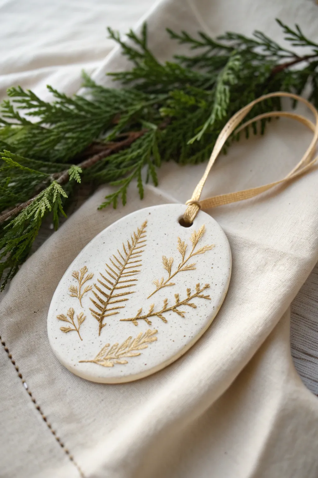 Minimal air-dry clay ornament with winter greenery imprints and a soft gold rub finish