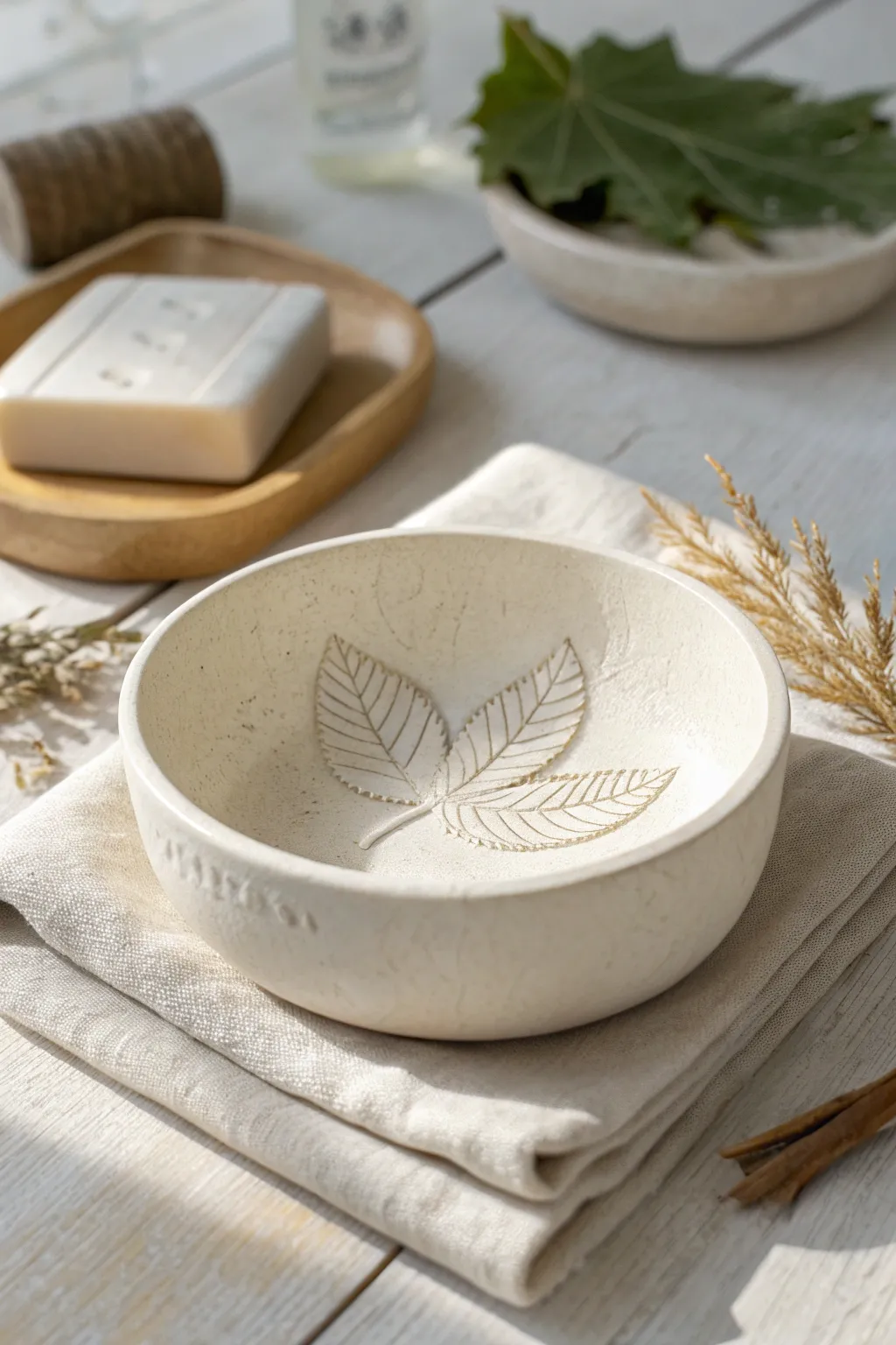 Minimal leaf-imprinted air dry clay ring bowl styled with soft boho bathroom neutrals.
