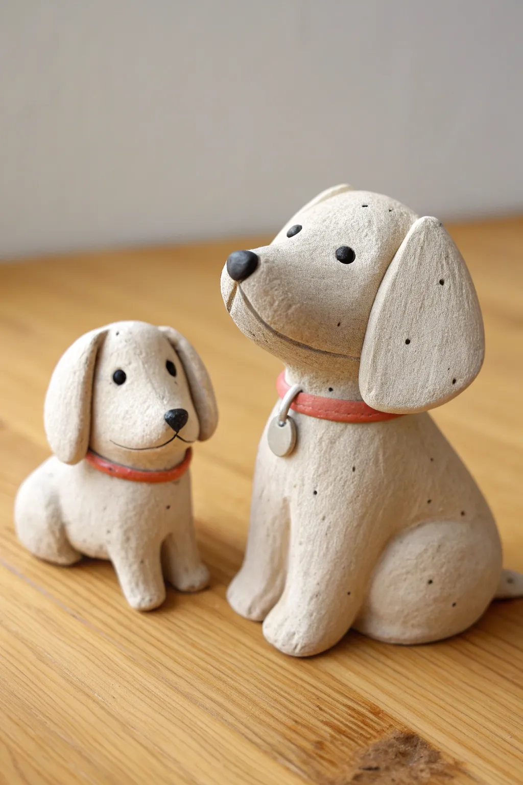 Classic floppy-eared clay puppy duo in minimalist Scandinavian style with warm, cozy contrast.
