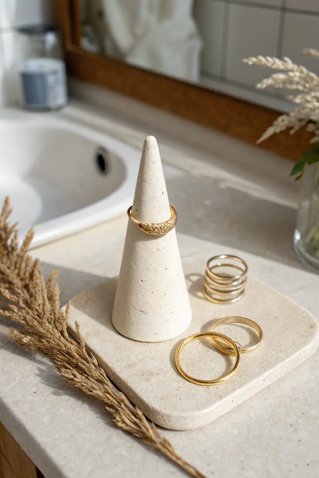 Minimal air-dry clay ring cone in soft neutrals, a chic vanity detail for everyday jewelry.