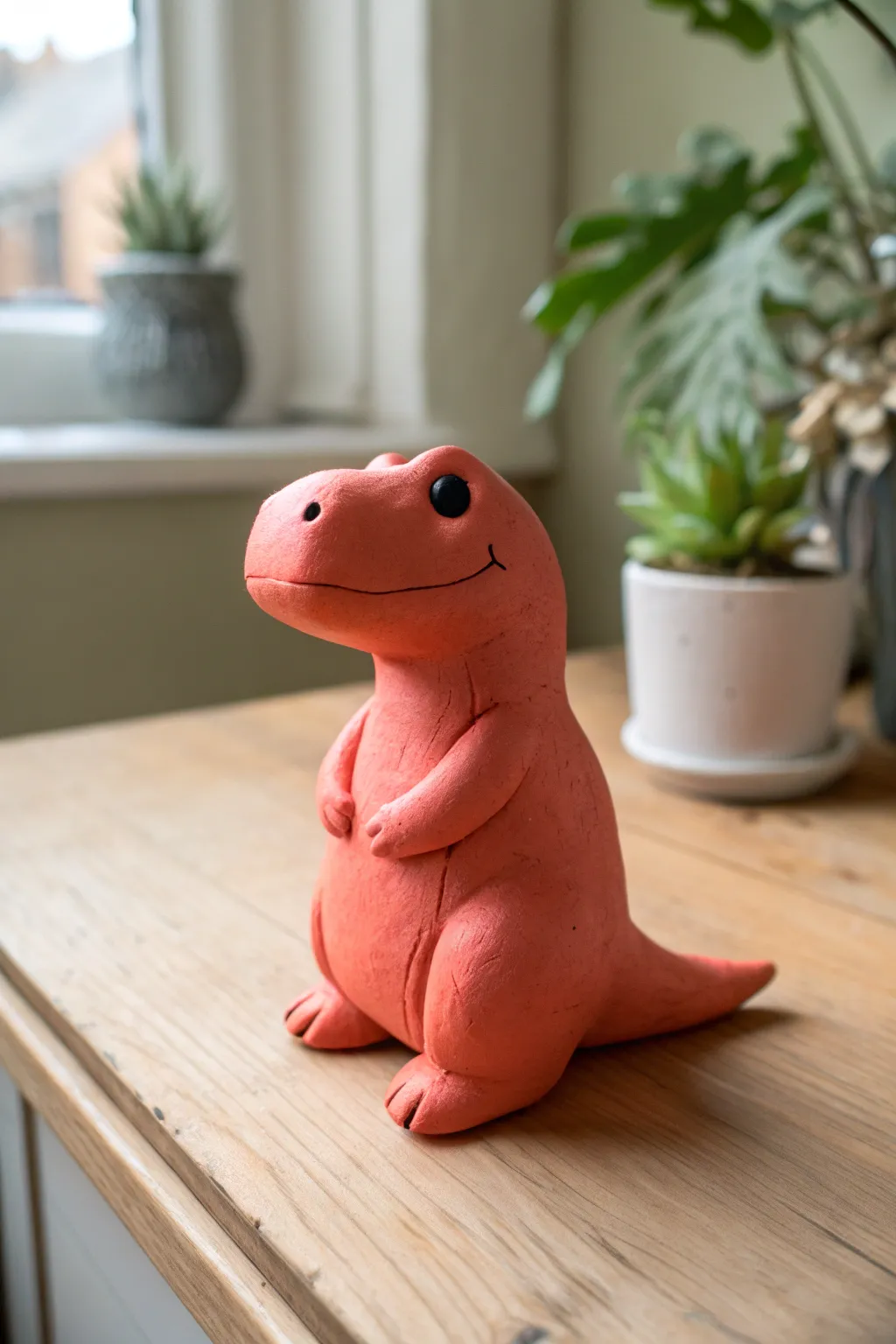 Chubby air-dry clay T-Rex buddy in cheerful coral, a minimalist handmade dinosaur for your shelf.