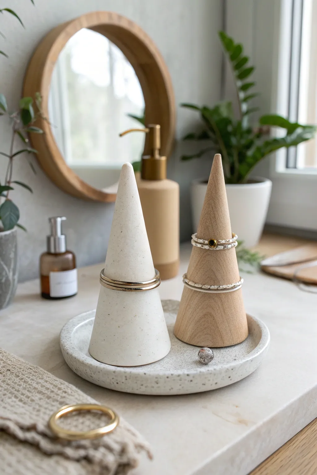 Boutique-style air-dry clay ring cones in calm neutrals for a clean, minimalist bathroom.