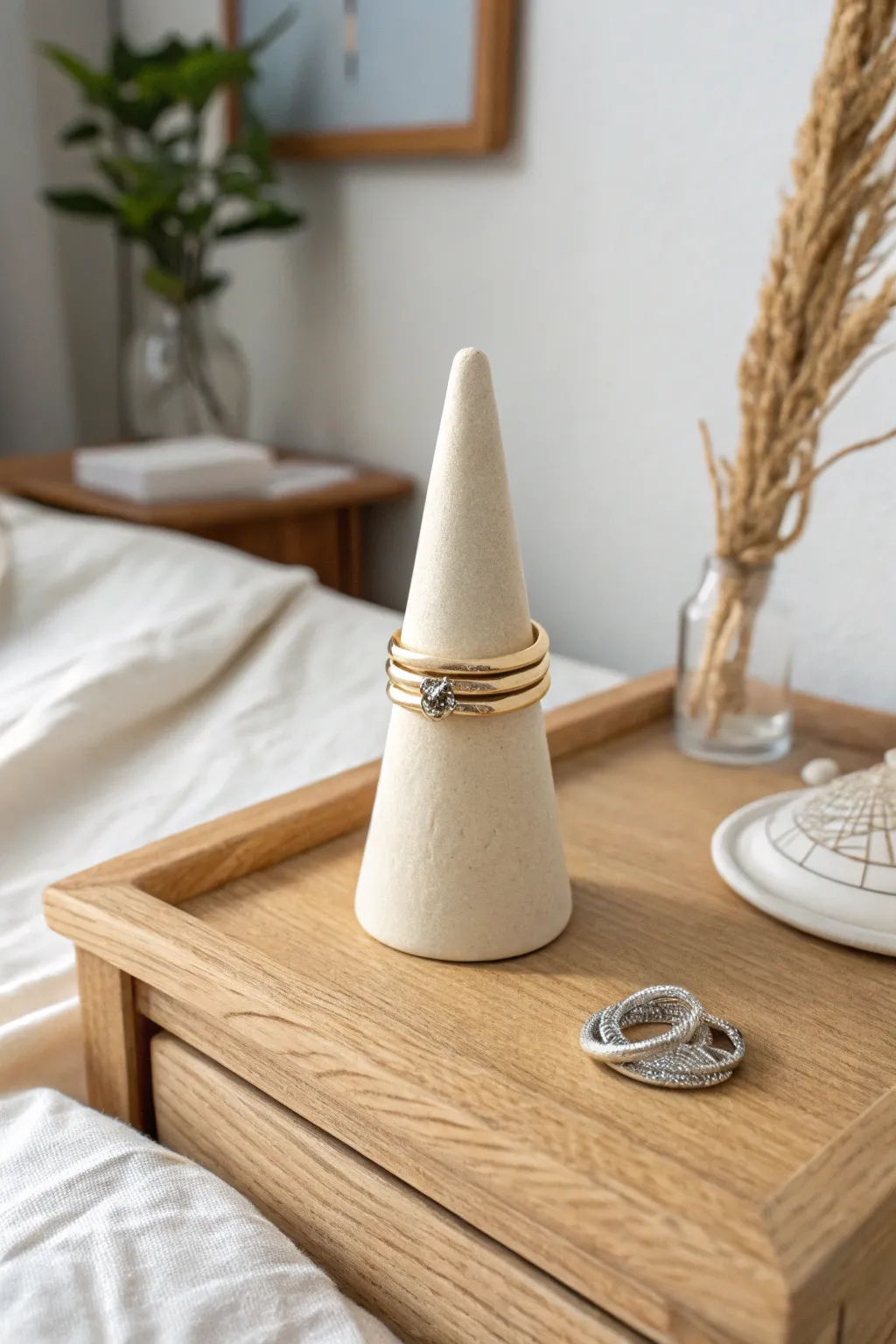 Minimal air-dry clay ring cone stand in soft neutrals, perfect for a calm nightstand moment
