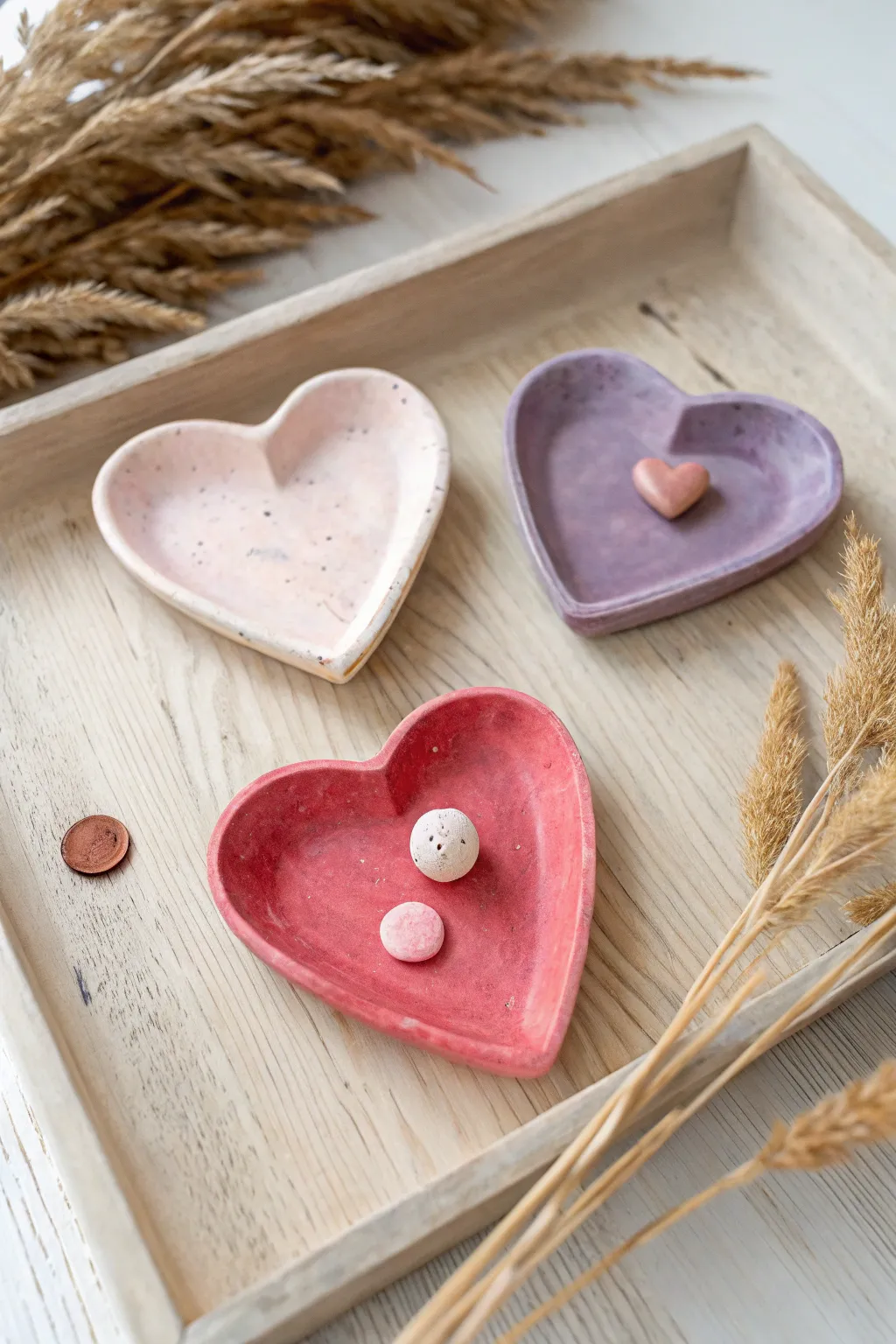 Sweet heart trinket trays in soft pastels, perfect beginner air dry clay craft for kids