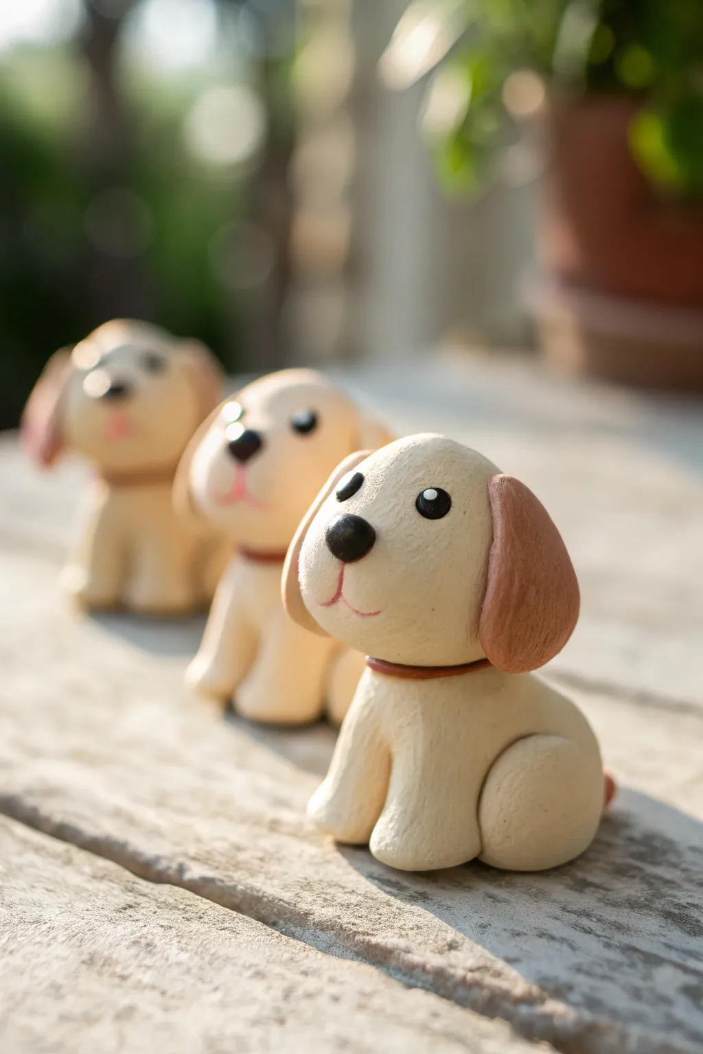 Tiny air dry clay puppy minis in soft neutrals on a powder blue backdrop, cute and simple.