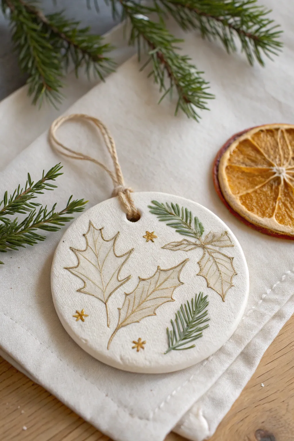 Leaf-print clay ornament with soft gold accents, a simple and cozy kids Christmas idea