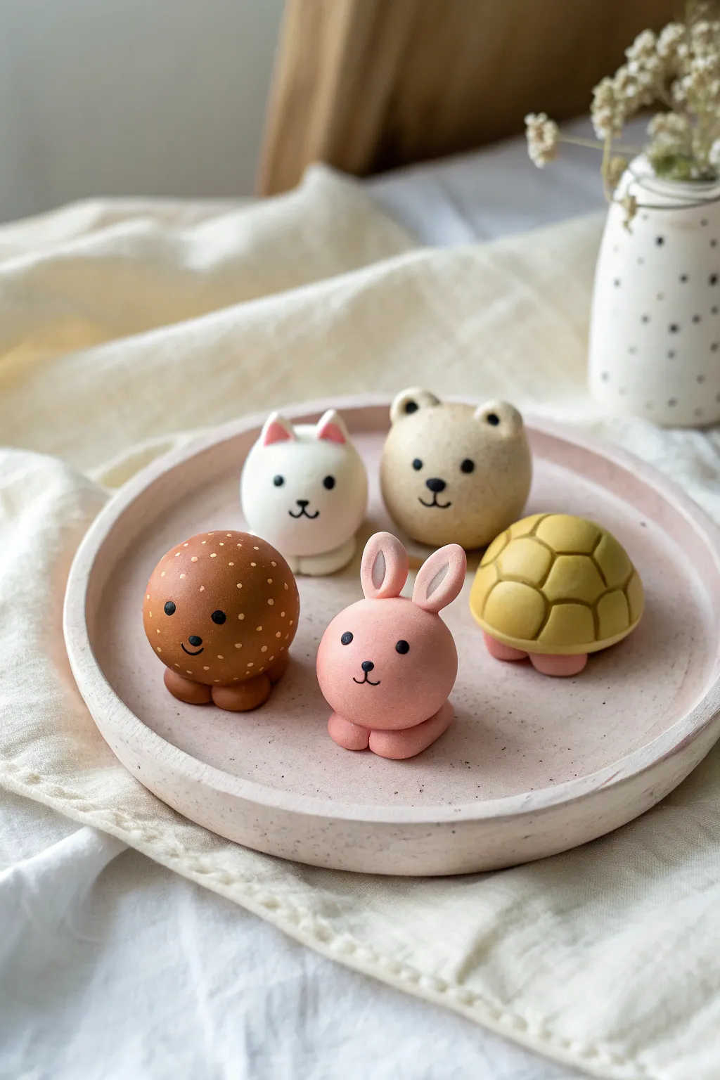 Cute air dry clay mini animals for kids: simple cat, turtle, bear and bunny in soft pastels