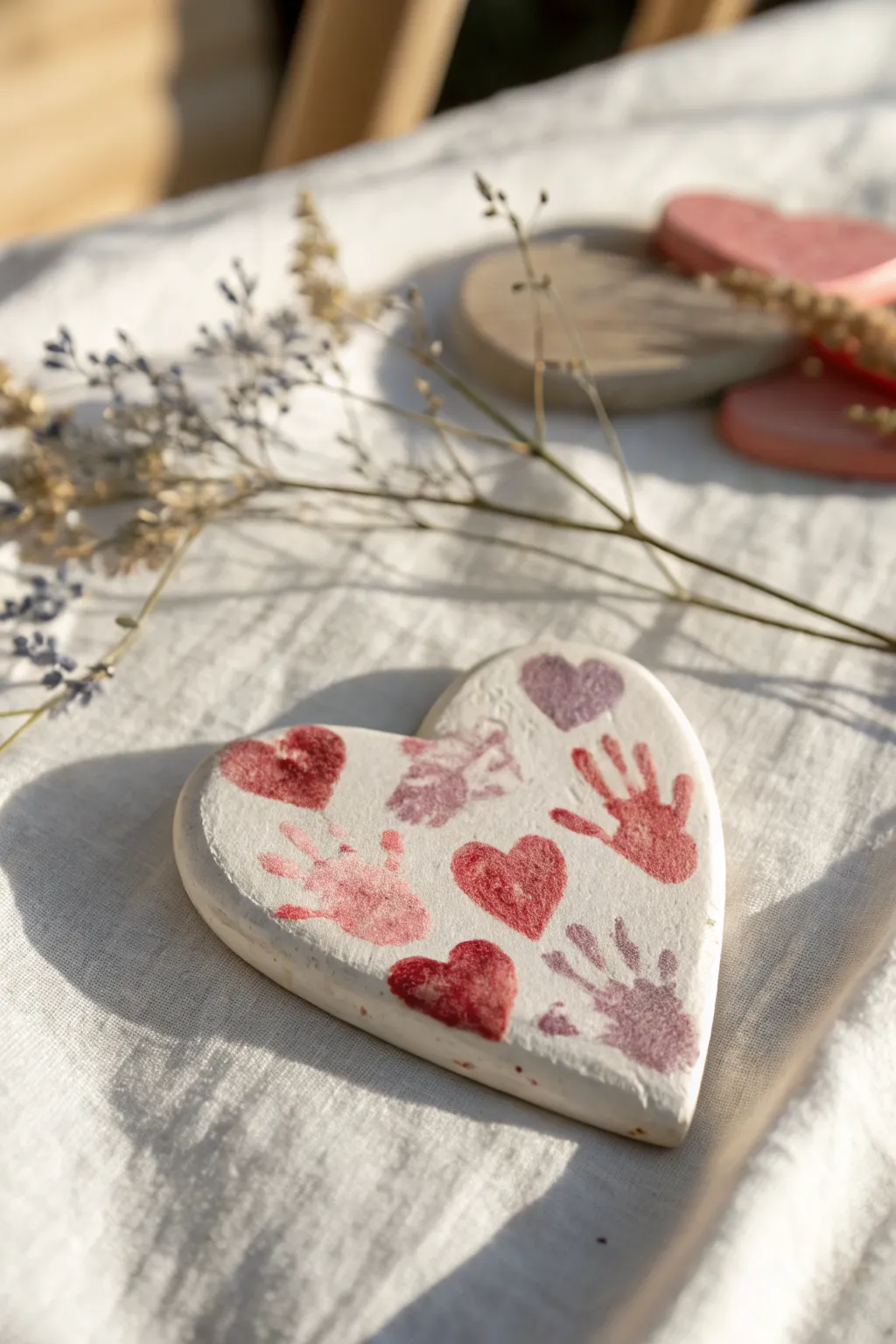 Sweet fingerprint heart tokens in air dry clay, a simple kindergarten keepsake kids will love.