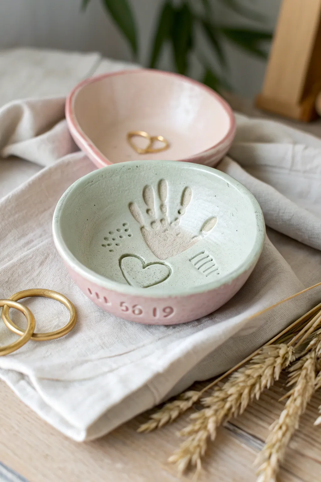Soft pastel handprint keepsake bowl, a simple Mothers Day gift that holds Moms rings beautifully.