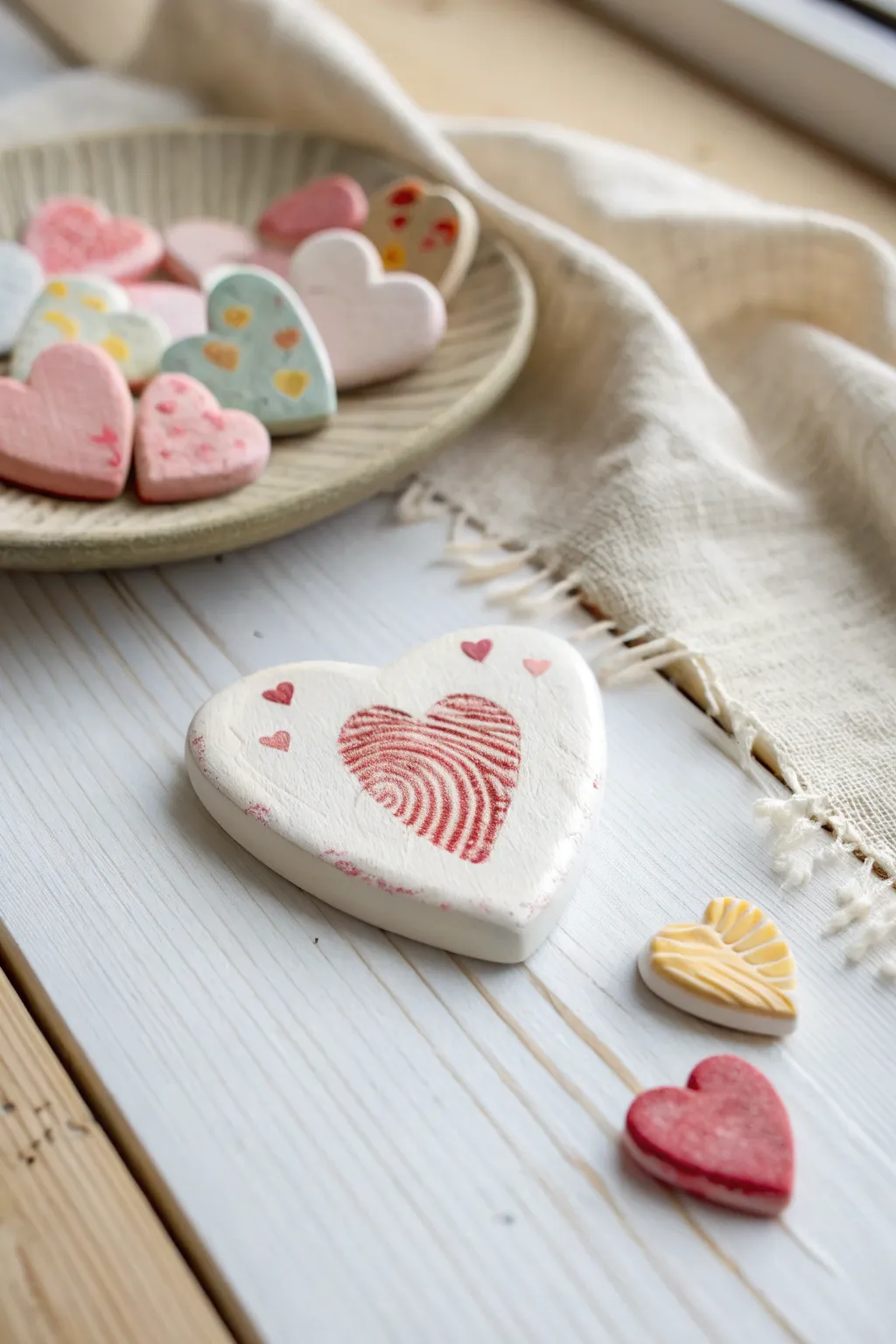 Sweet fingerprint heart tokens in soft pastels, a simple air-dry clay keepsake for kids